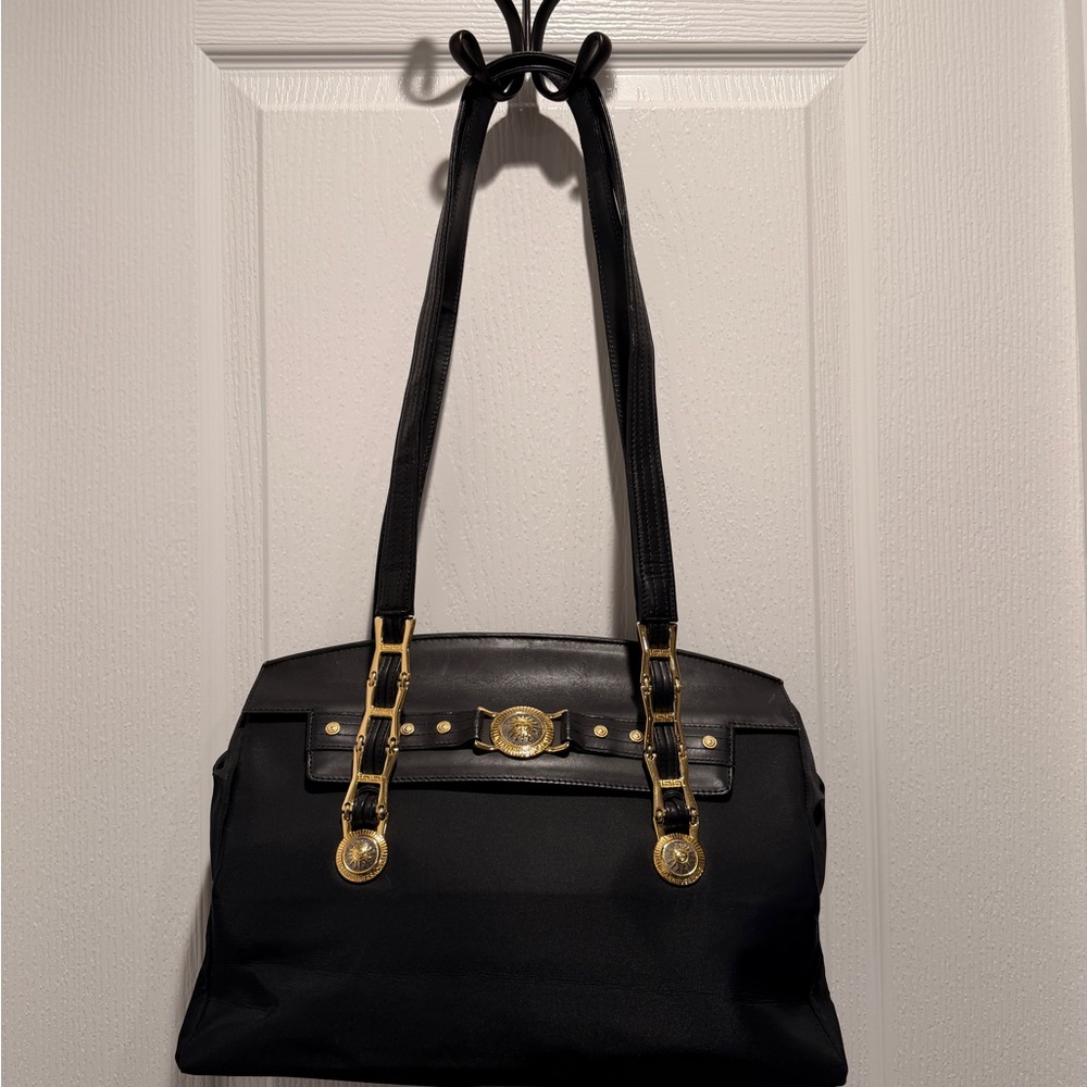 Gianni Versace Vintage Tote Bag Black Nylon Leather Trim Medusa Designer Purse